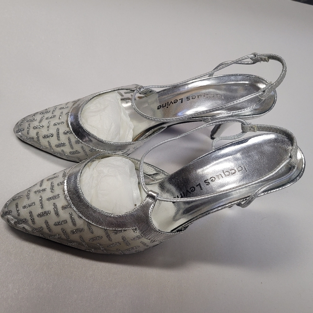 VINTAGE 90's Jacques Levine Silver Sheer Rhythm Kitten Heel Slingback Size 6 1/2